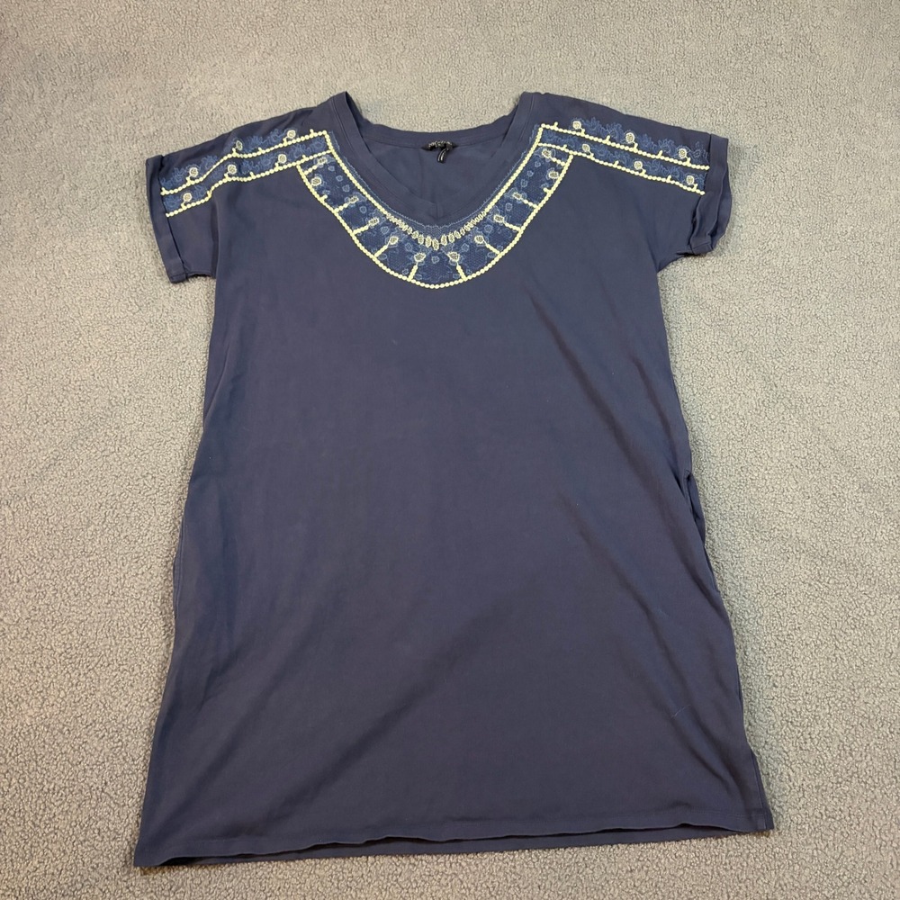 NIC+ZOE T-Shirt Dress Womens L Navy Blue Embroidered V-Neck Short Sleeve Mini